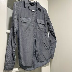 Women's Express Striped Button-Up Shirt Jacket - Navy/White XS